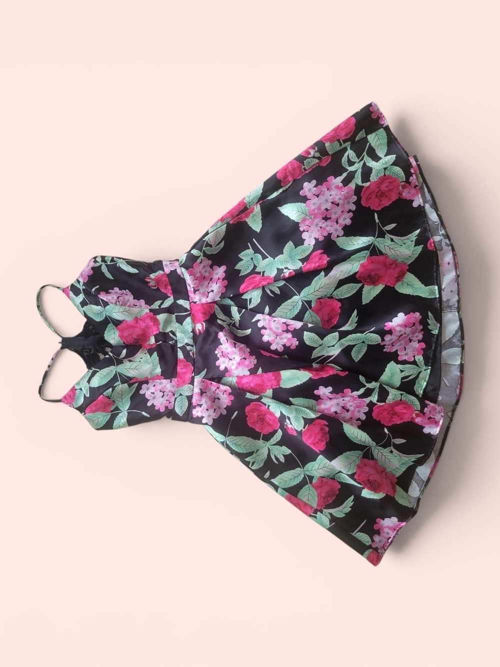 B. Smart Black Floral Midi Dress with Pink & Green Roses